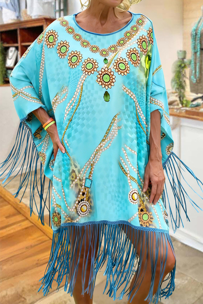Beach Vacation Print Fringe Dress