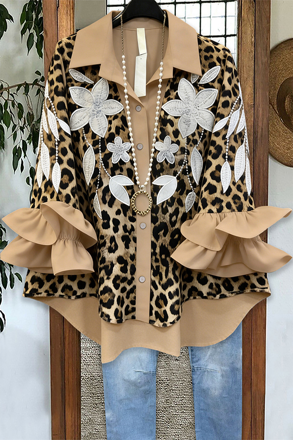 Retro Leopard Floral Ruffle Blouse
