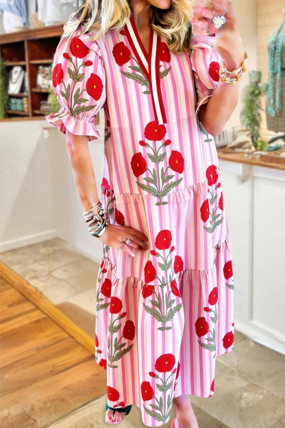 Sweet Striped Floral V-Neck Maxi Dress