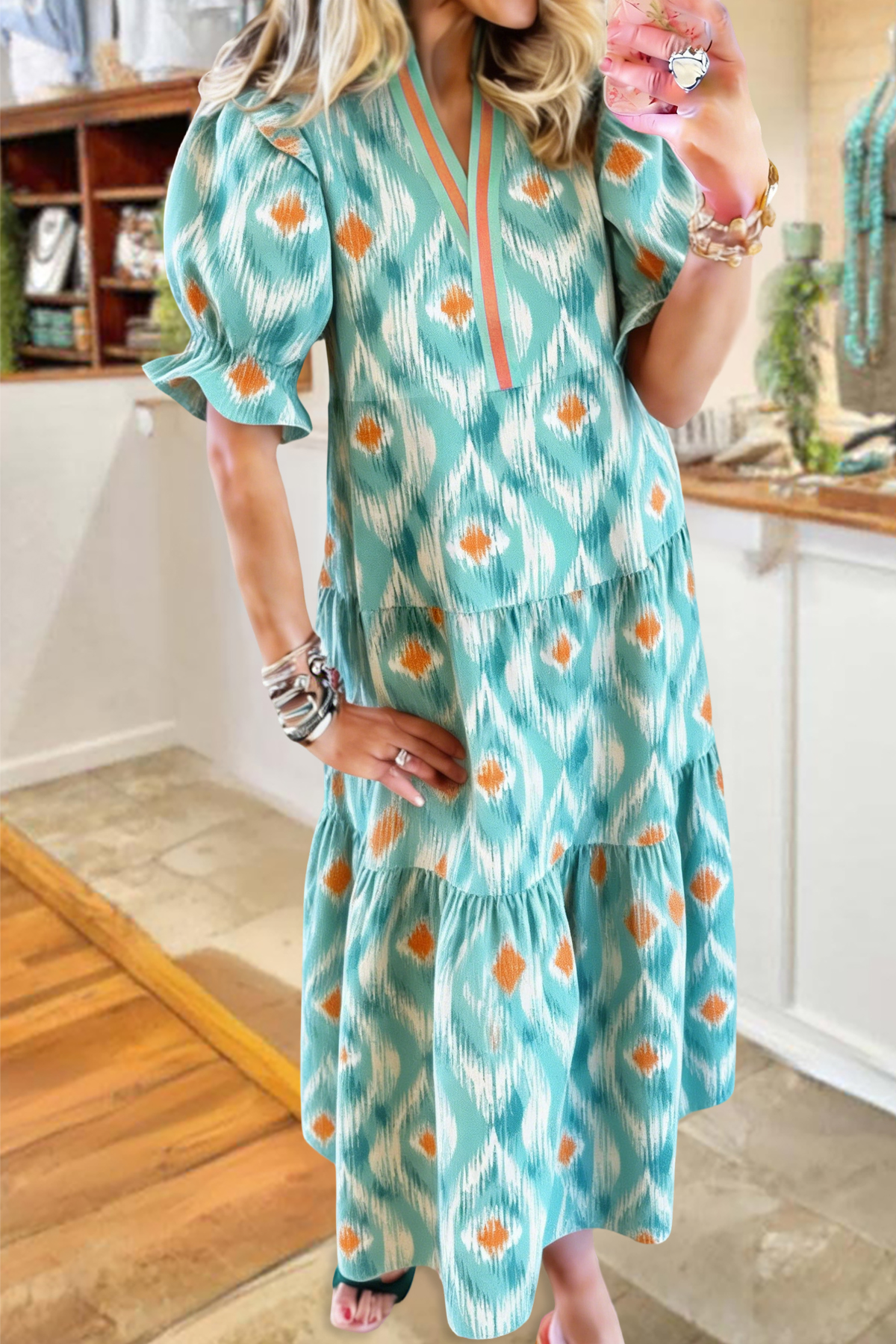 Fresh Abstract Print V-Neck Maxi Dress
