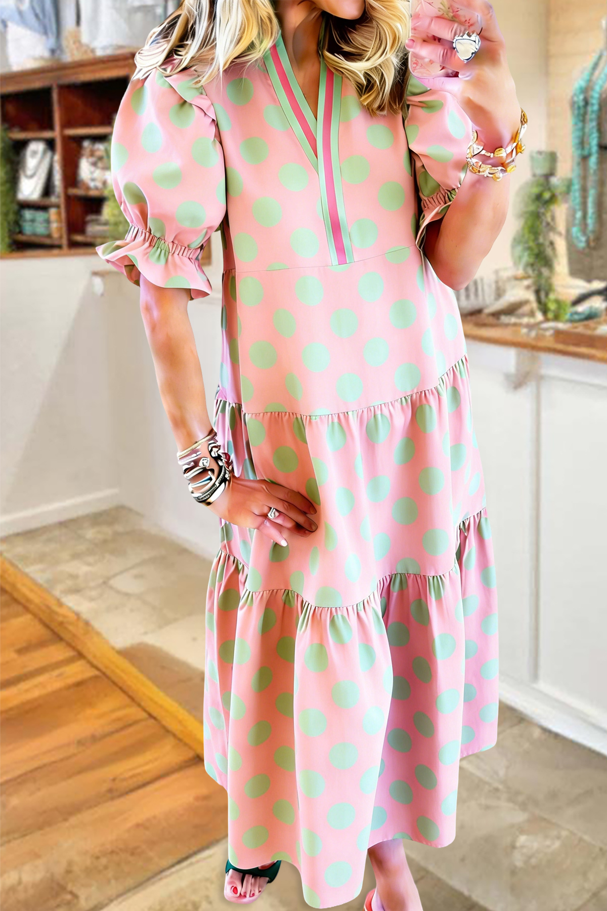 Sweet Polka Dot V-Neck Maxi Dress