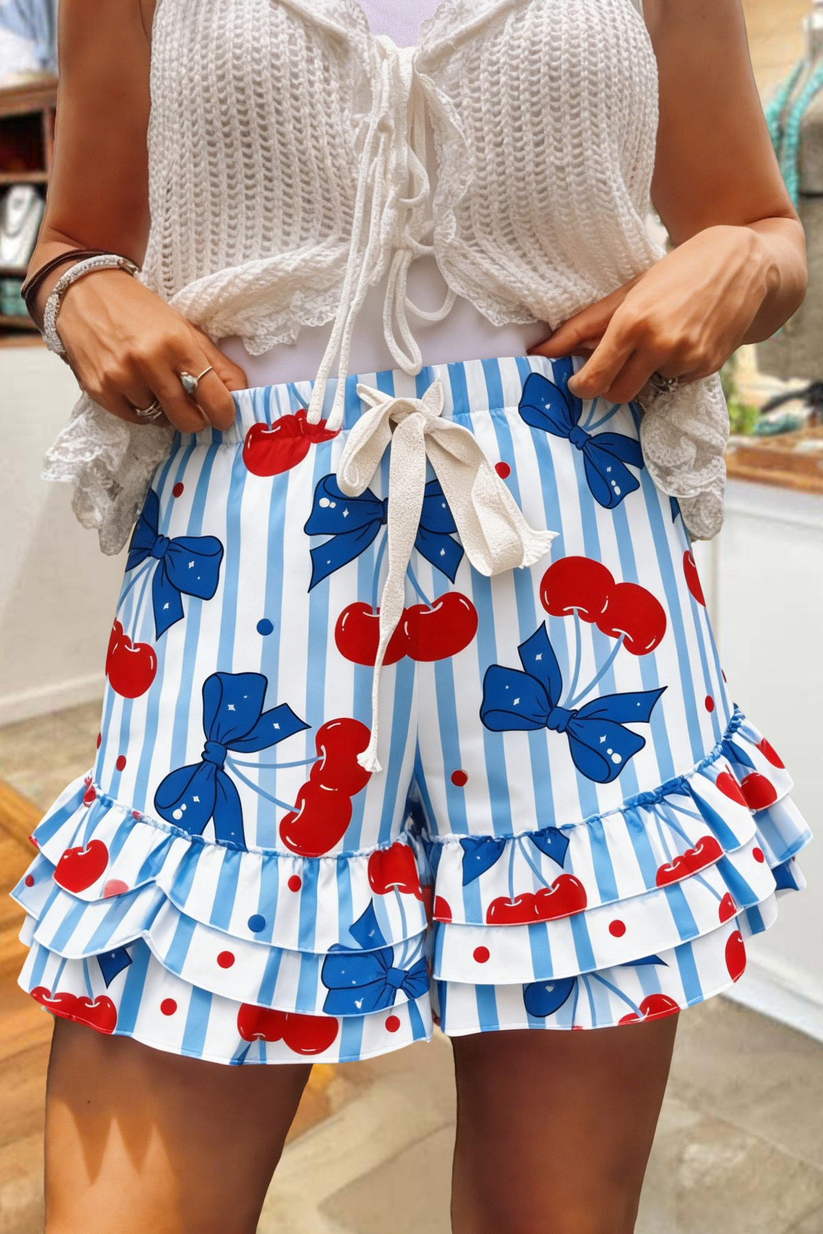 USA Cherry Stripe Multi-Layer Ruffle Shorts