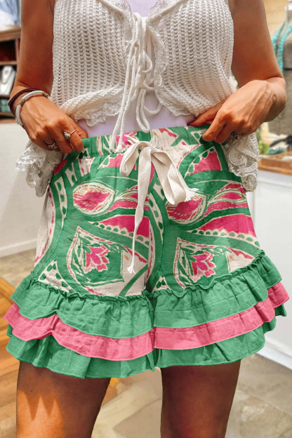 Fresh Abstract Print Multi-Layer Ruffle Shorts