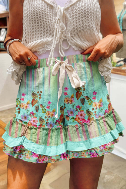 Fresh Floral Gradient Multi-Layer Ruffle Shorts