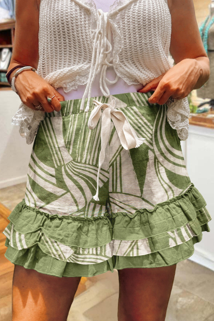 Abstract Print Color Block Multi-Layer Ruffle Shorts