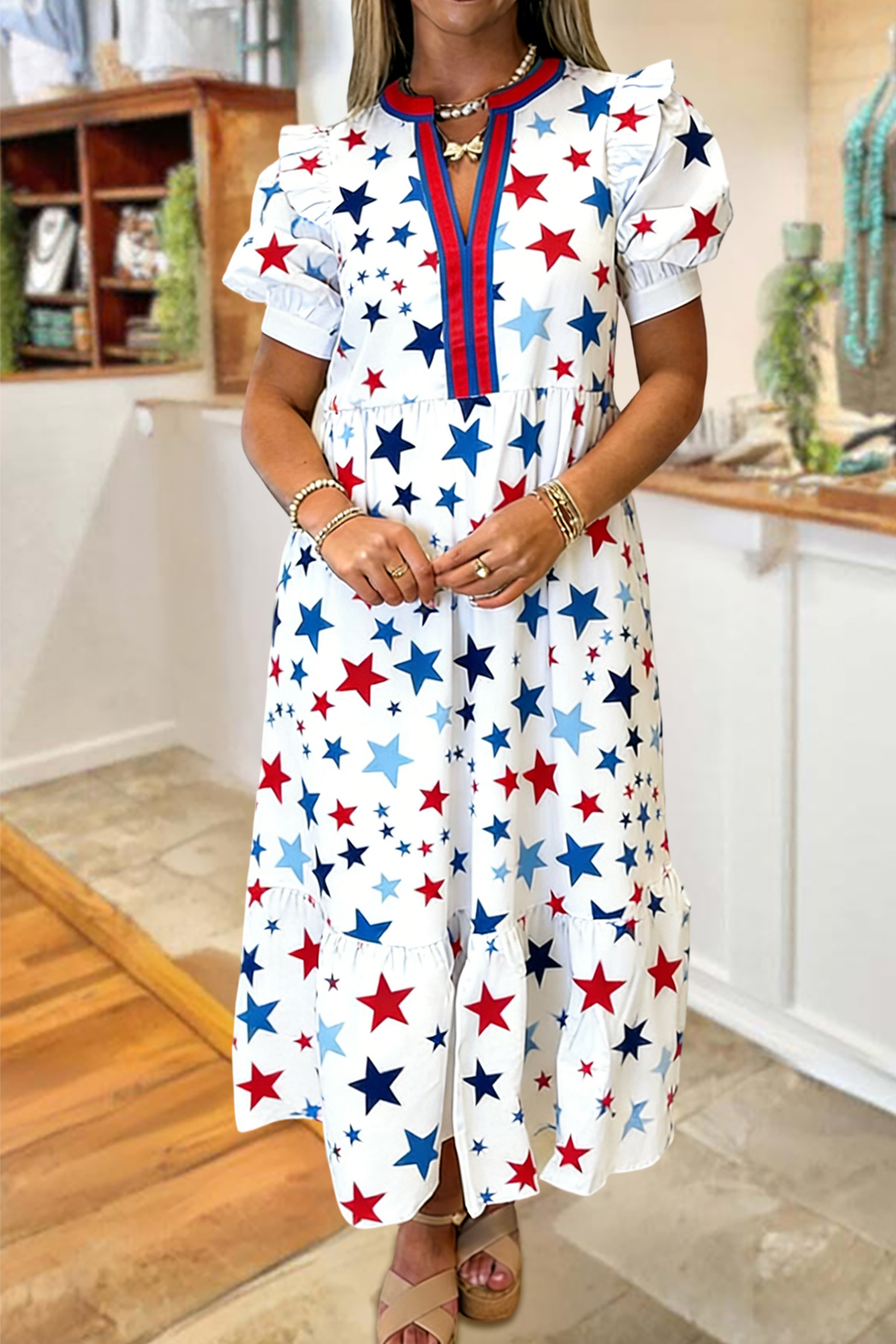 USA Star V-Neck Maxi Dress