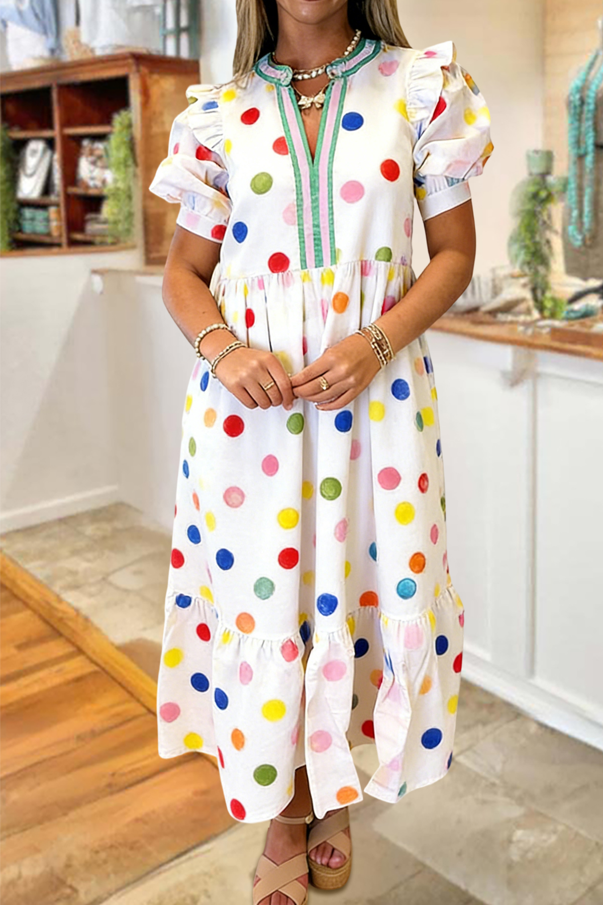 Colorful Polka Dot V-Neck Maxi Dress
