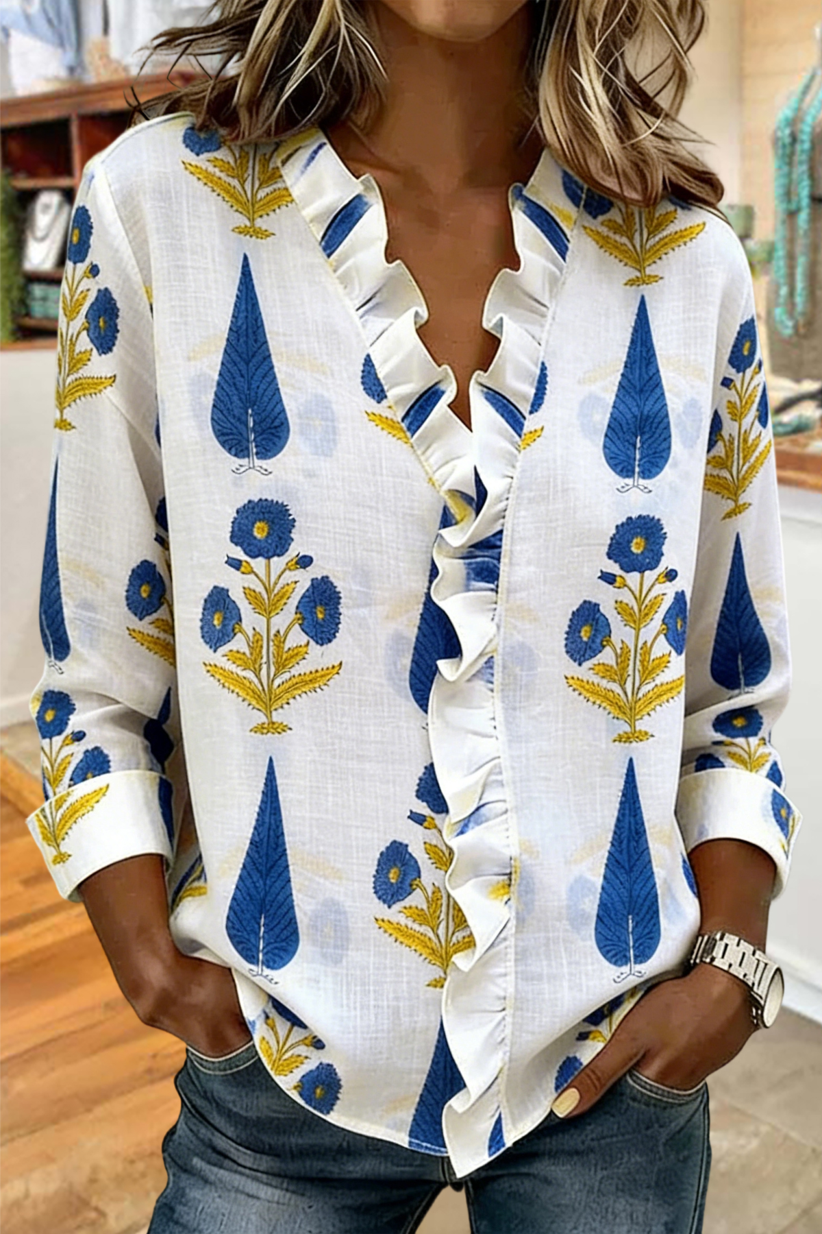 Classic Floral Print Ruffle Linen Cotton Blouse