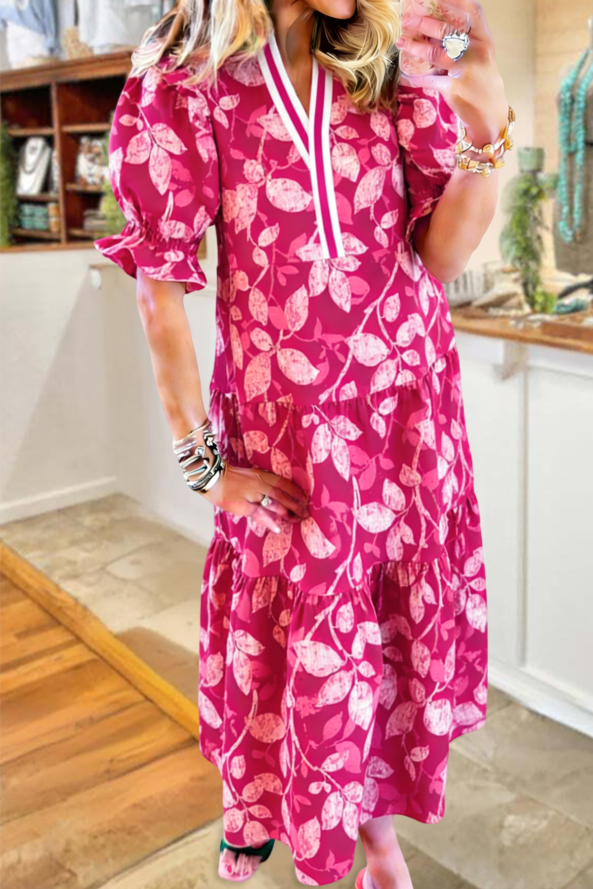 Classic Leaf Print V-Neck Maxi Dress