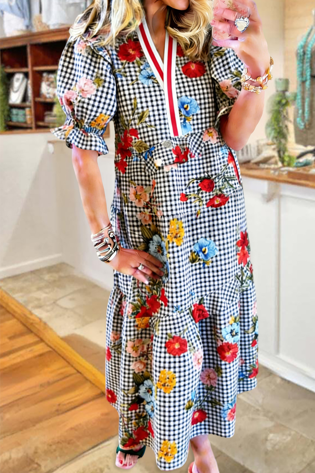 Classic Plaid Floral V-Neck Maxi Dress