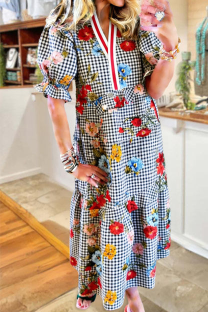 Classic Plaid Floral V-Neck Maxi Dress