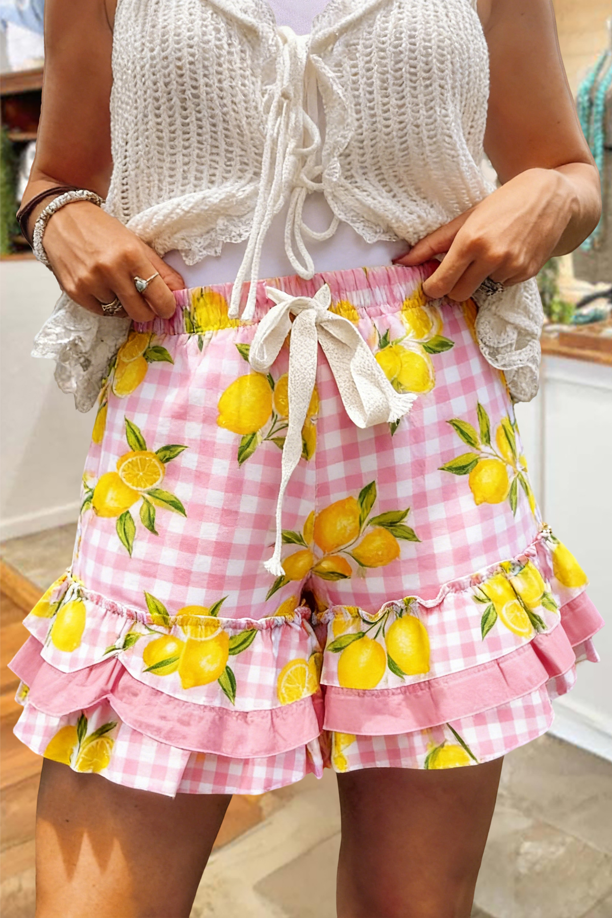 Sweet Plaid Lemon Print Multi Layer Ruffle Shorts