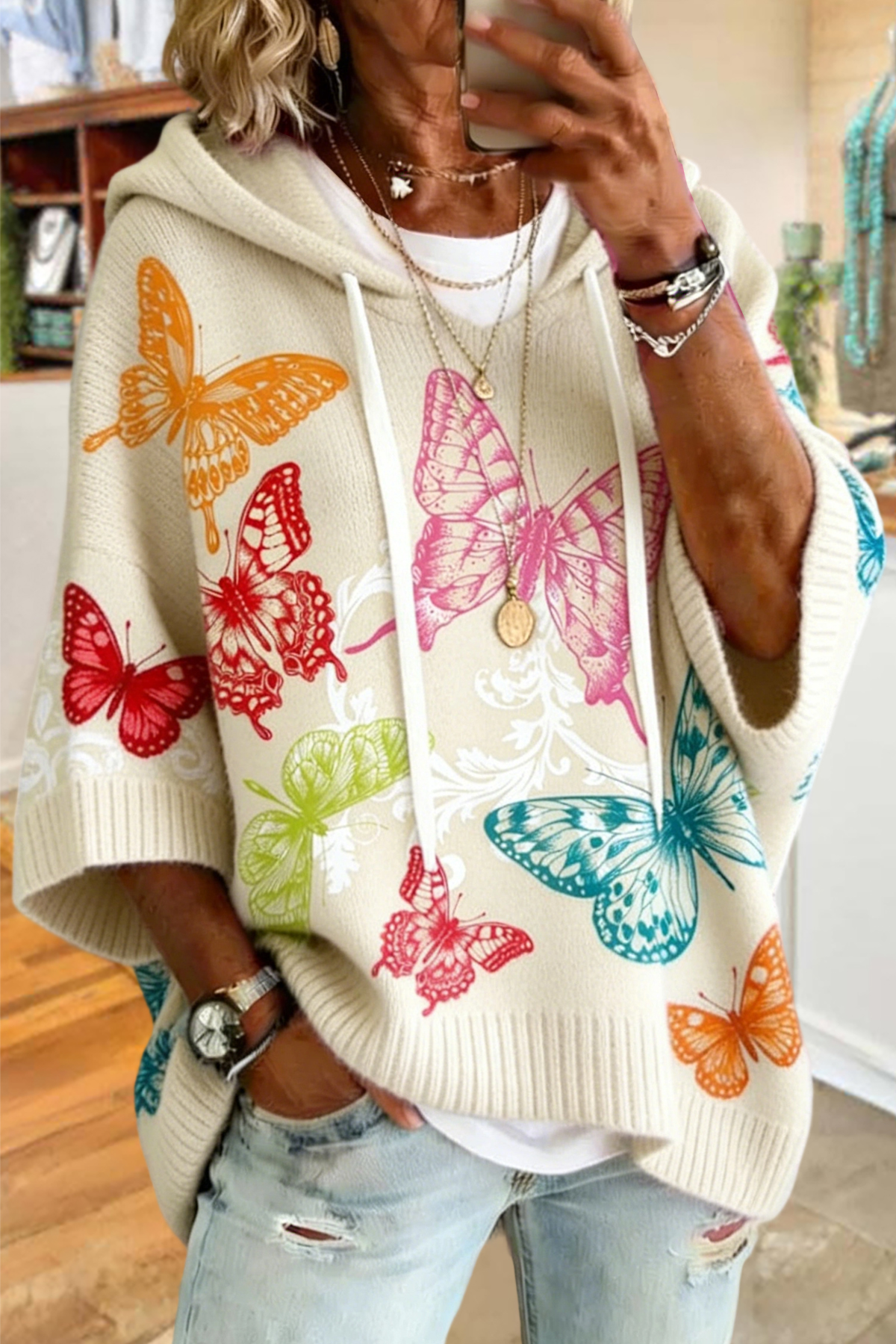 Butterfly Print Hooded Sweater