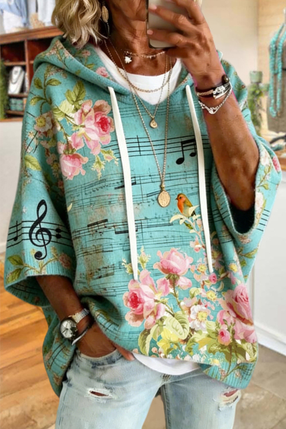 Fresh Floral Musical Note Print Hooded Sweater