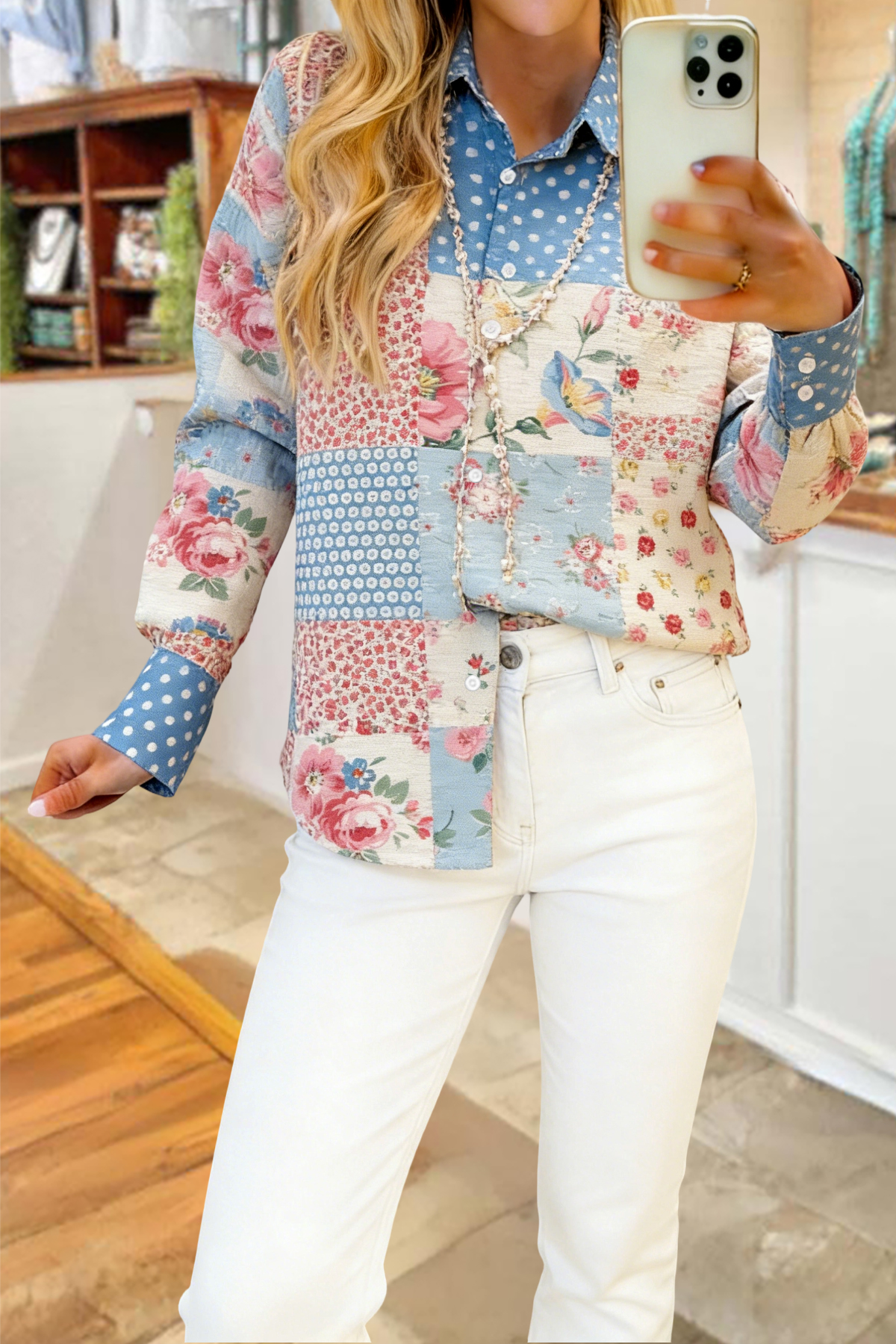 Fresh Floral Polka Dot Print Long Sleeve Shirt