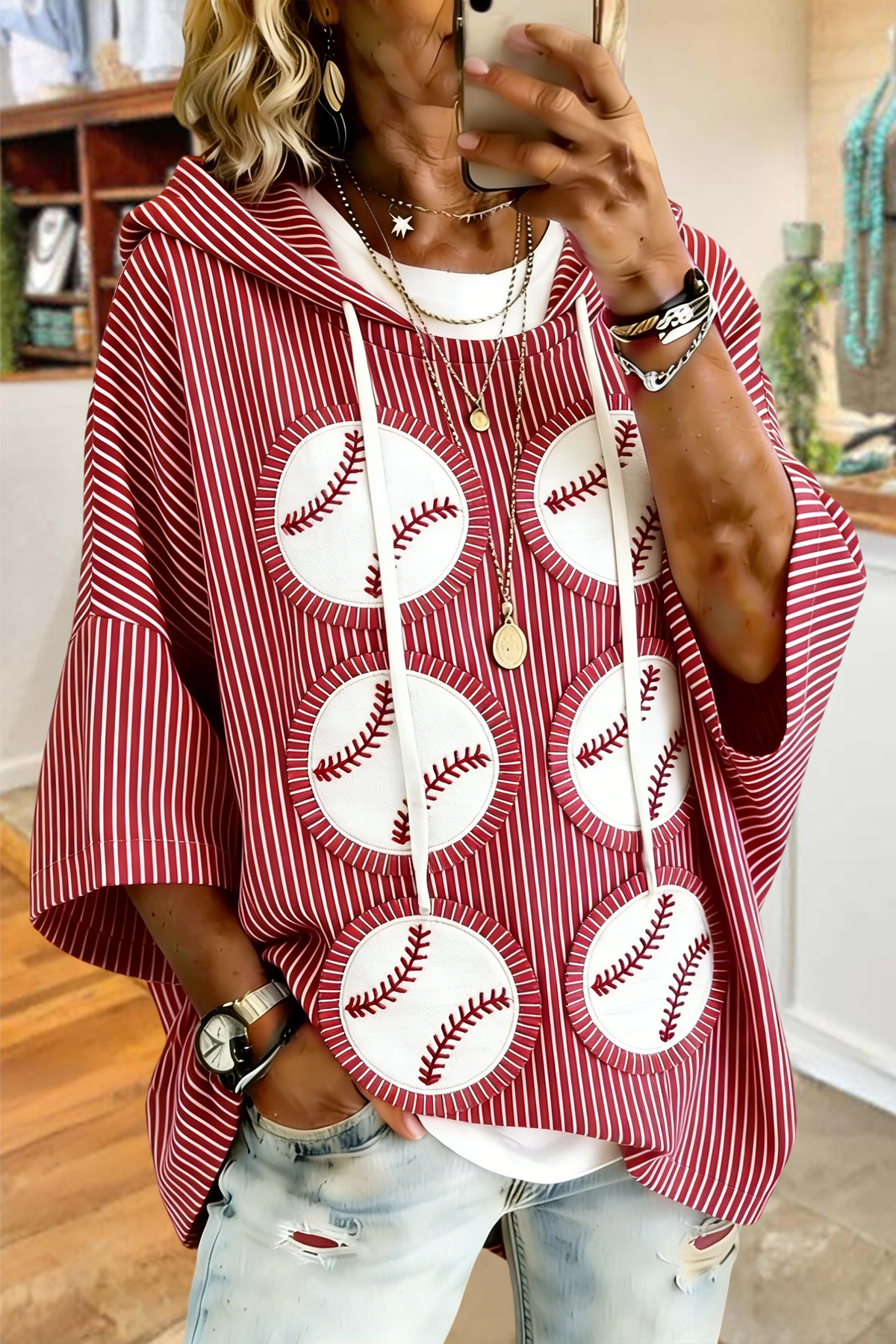 Casual Baseball Game Day Striped Hoodie