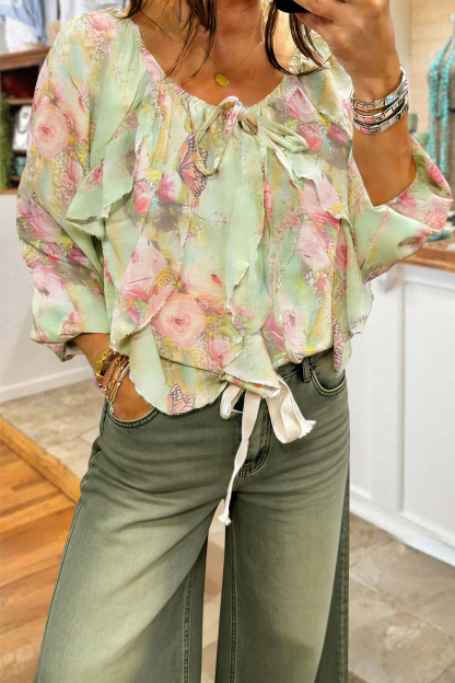 Fresh Floral Print Ruffle Blouses