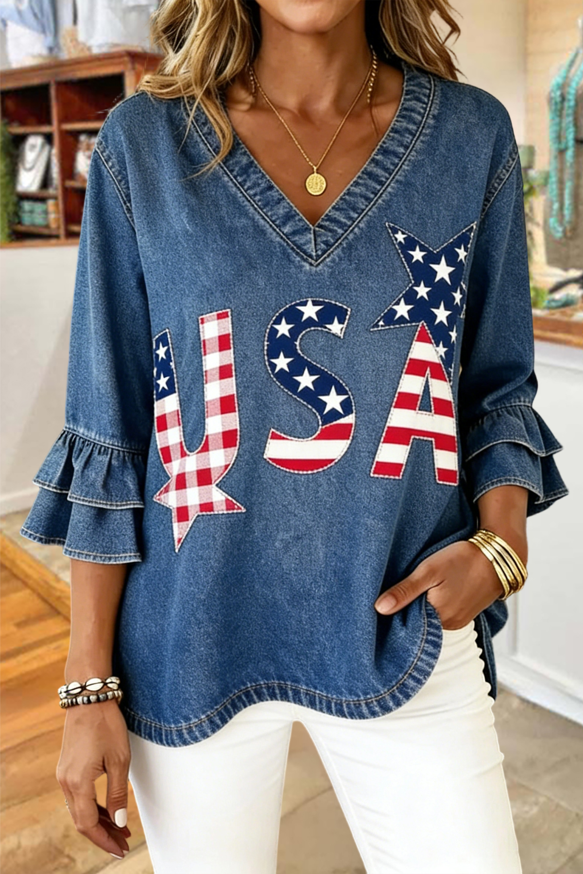Classic USA Ruffle V-Neck Blouse