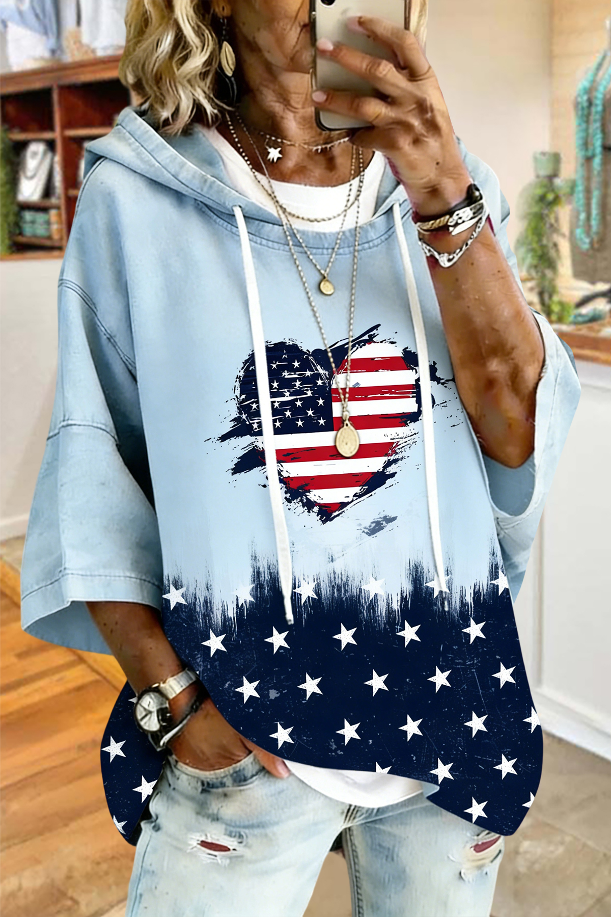 USA Love Star Print Hoodie