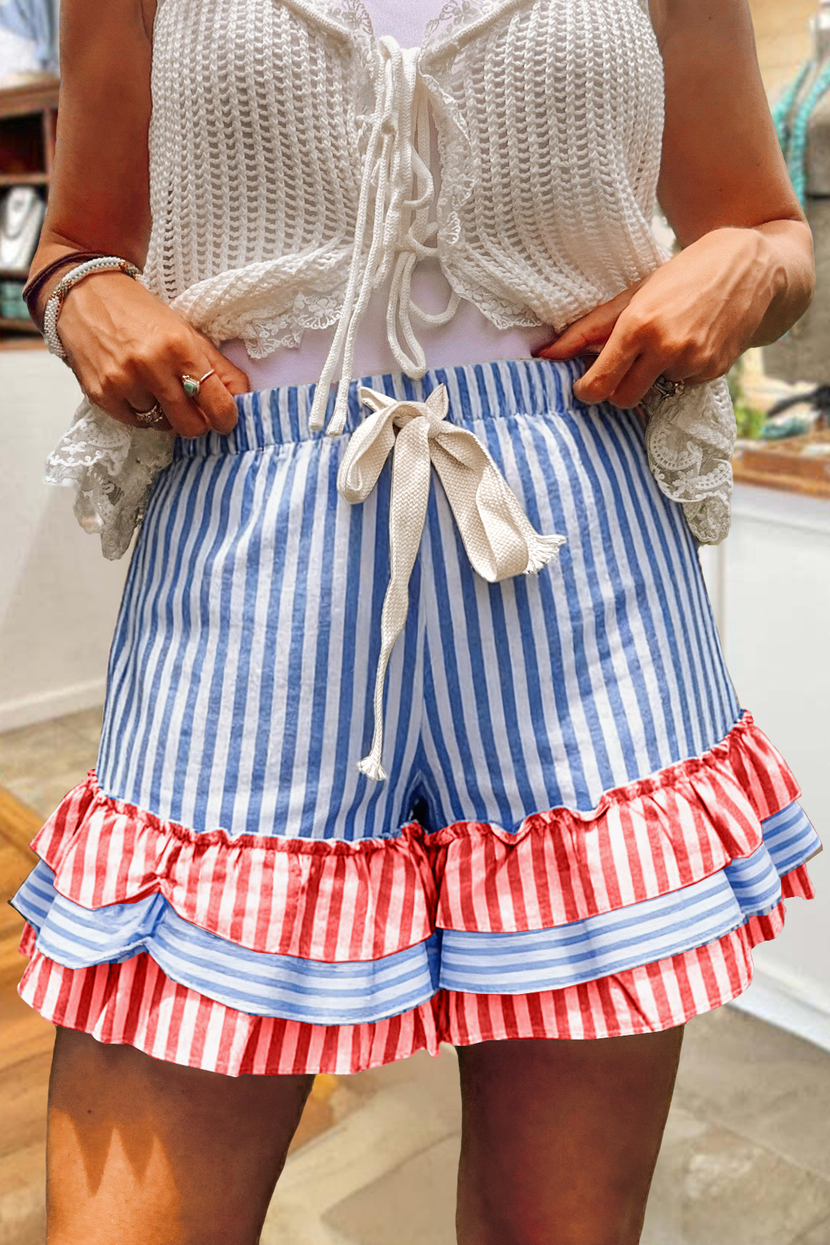 Classic USA Stripe Print Multi-Layer Ruffle Shorts