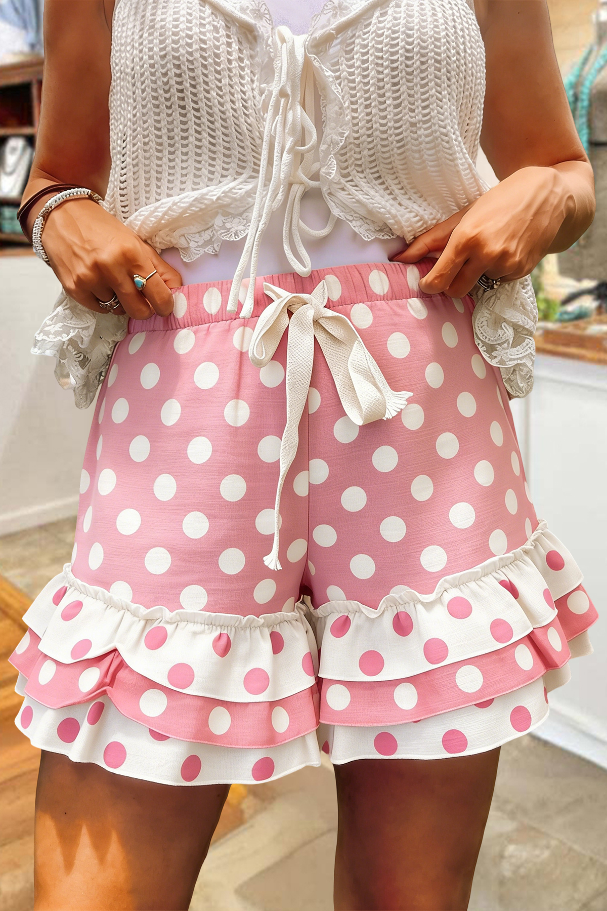 Sweet Polka Dot Print Multi-Layer Ruffle Shorts