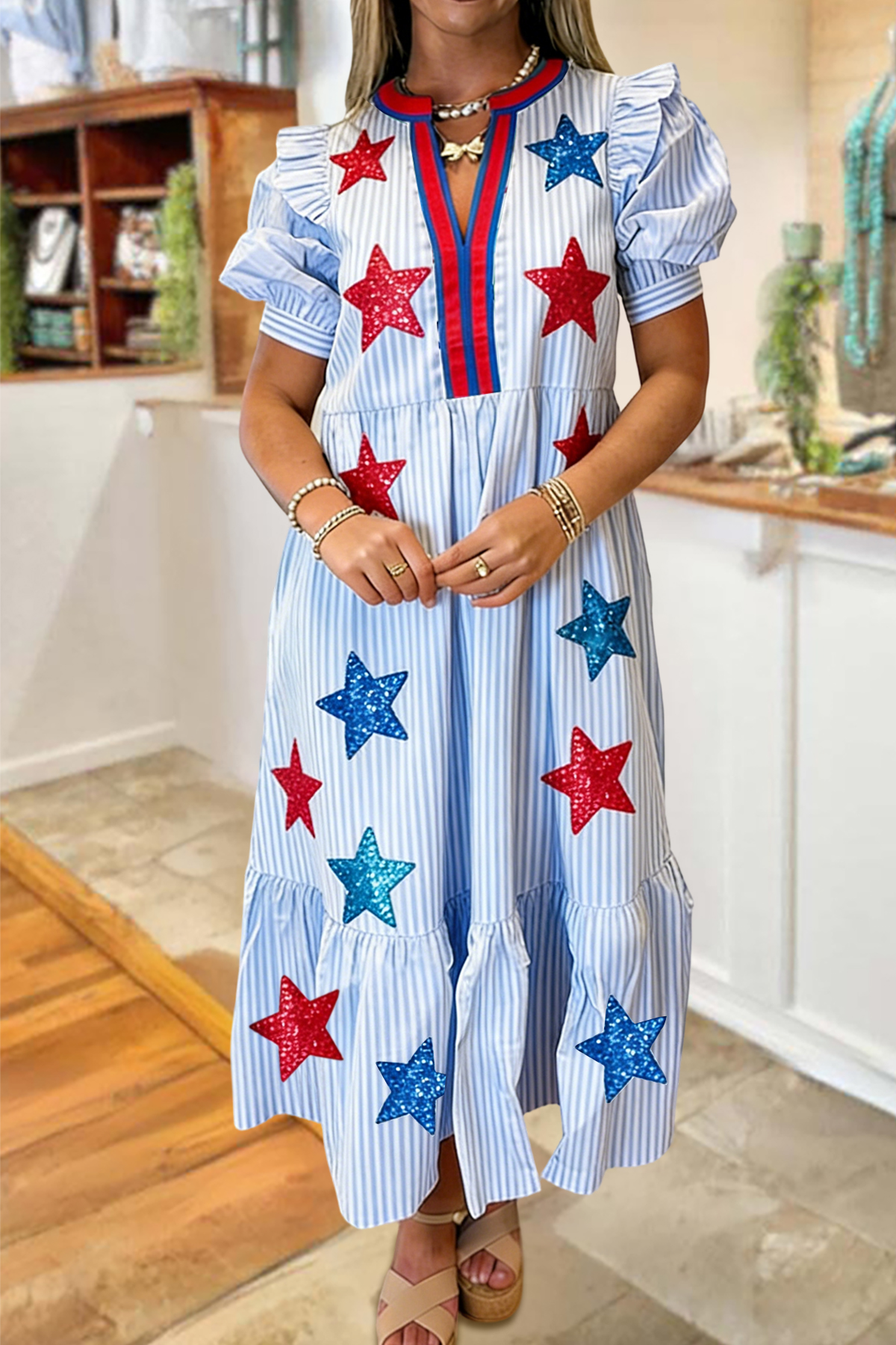 USA Stripe Star V-Neck Maxi Dress