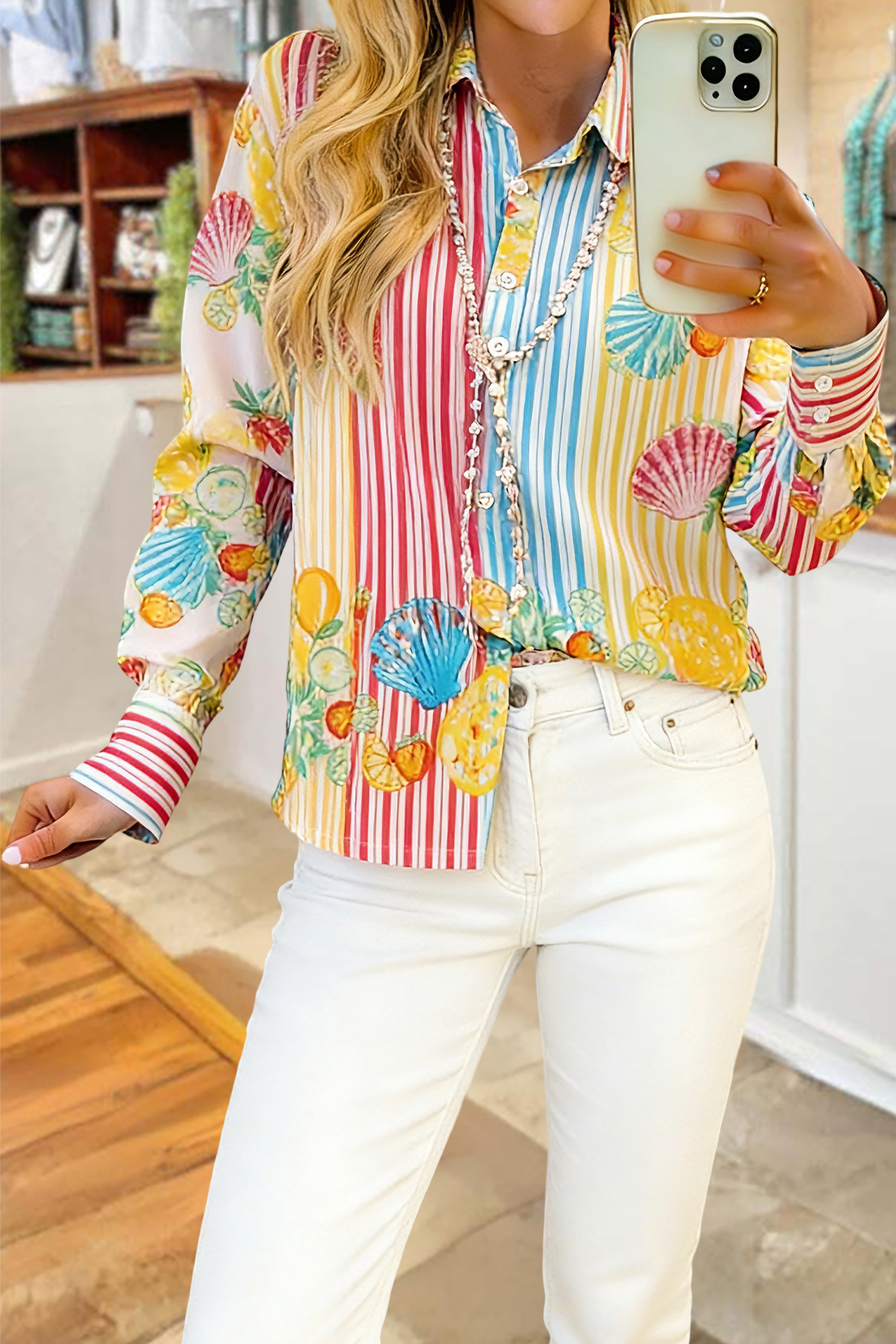 Beach Vacation Stripe Print Long Sleeve Shirt