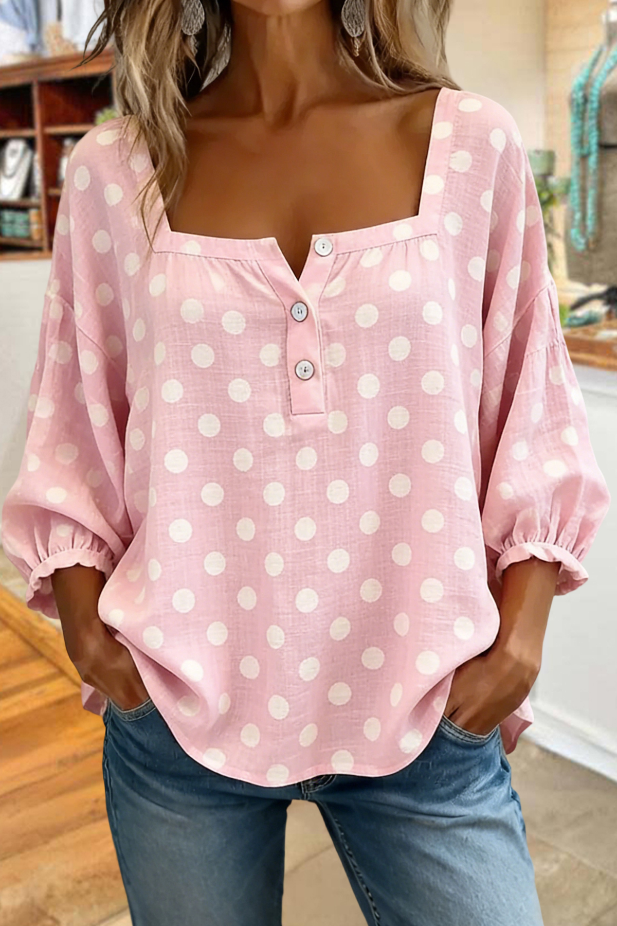 Sweet Polka Dot Print Square Neck Blouse