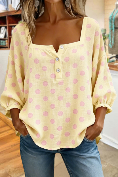 Sweet Polka Dot Print Square Neck Blouse