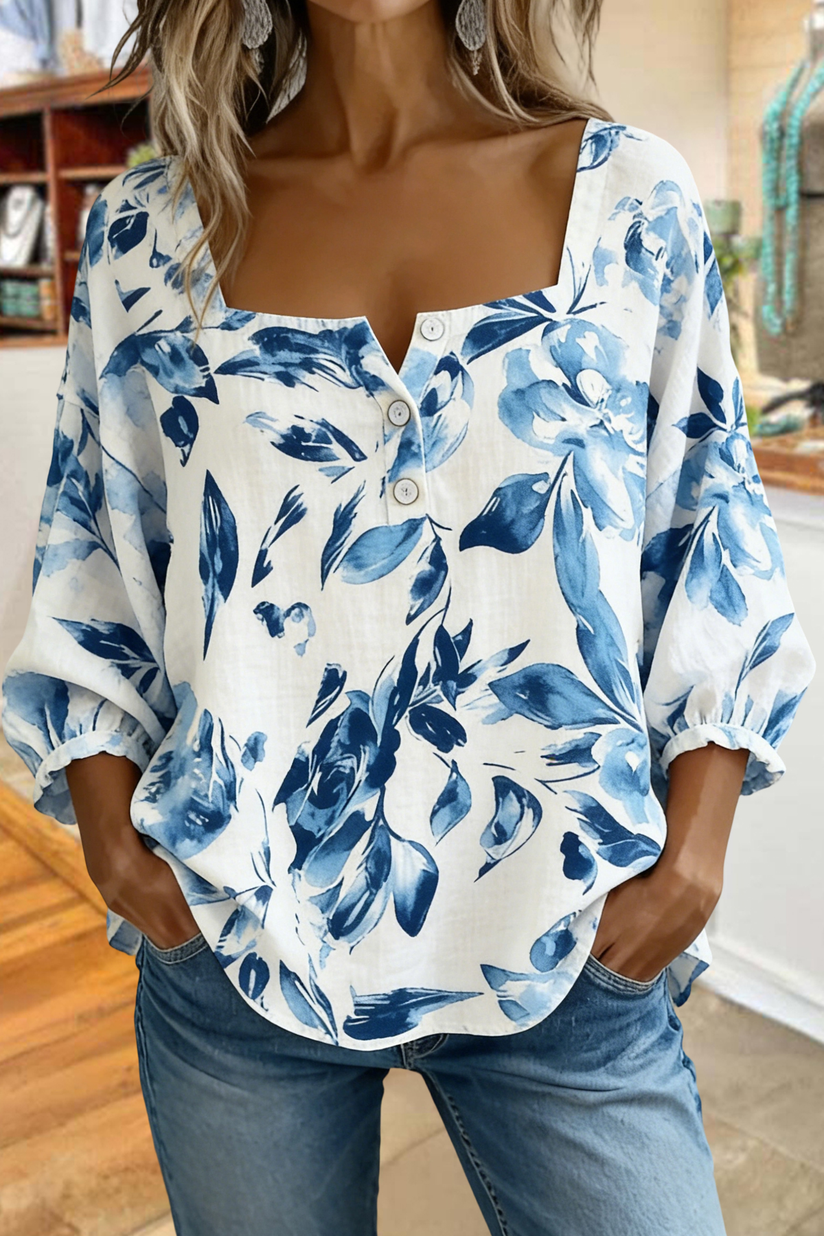 Classic Botanical Print Square Neck Blouse