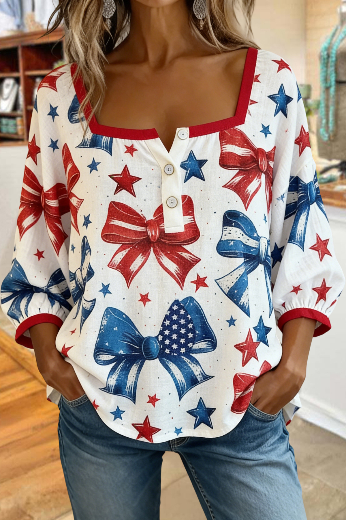 USA Bow Print Square Neck Blouse