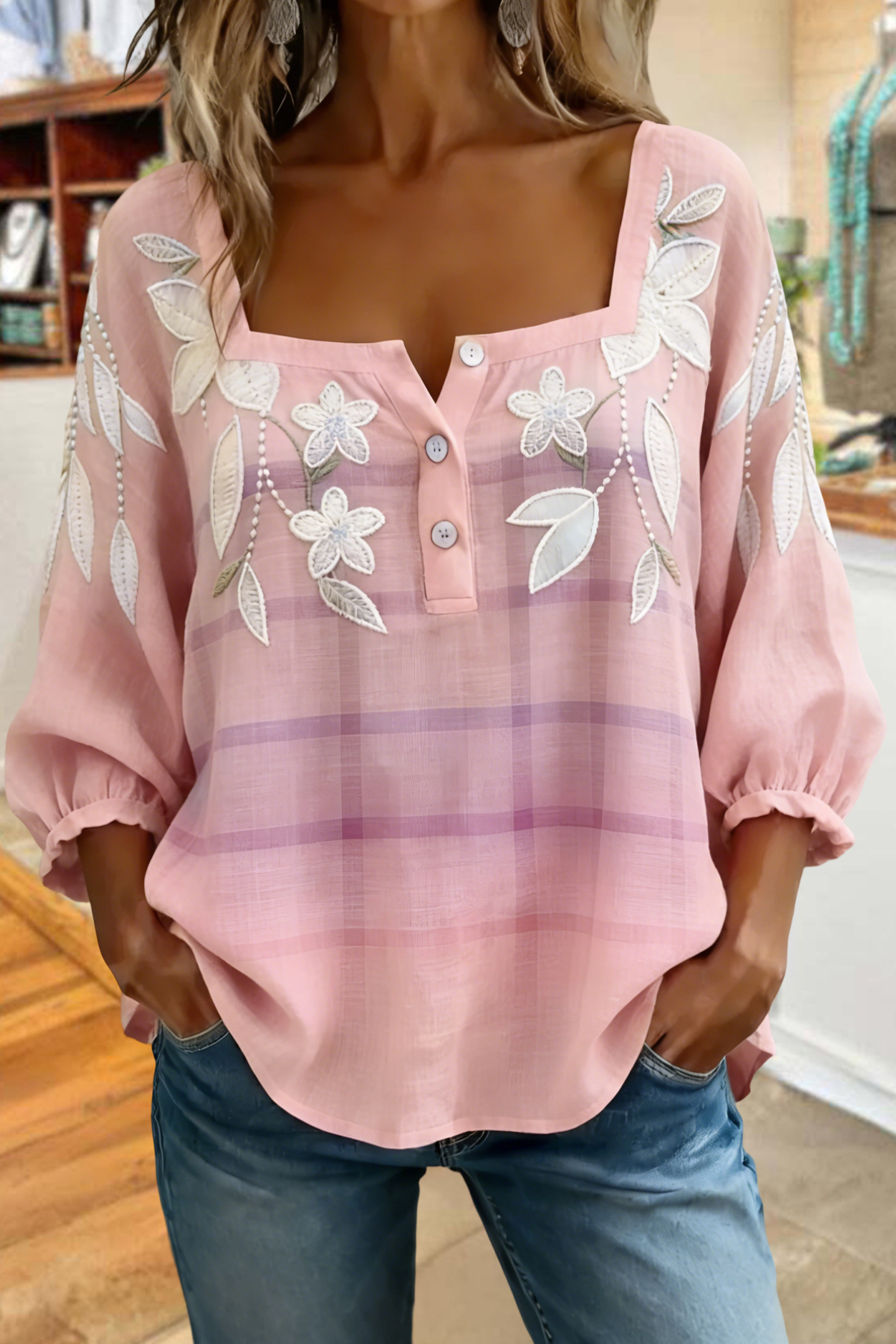 Sweet Leaf Floral Square Neck Blouse