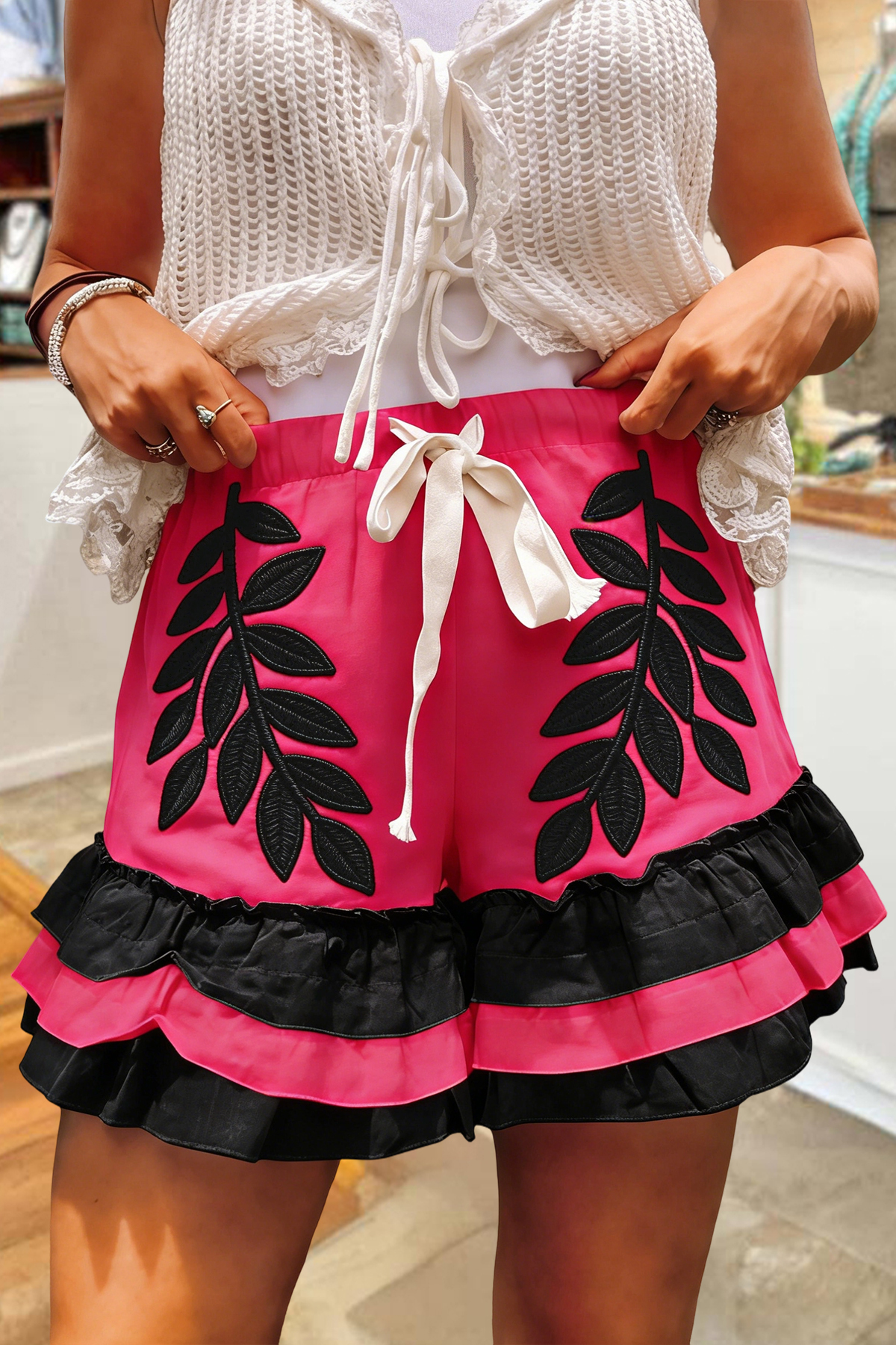 Leaf Print Multi-Layer Ruffle Shorts