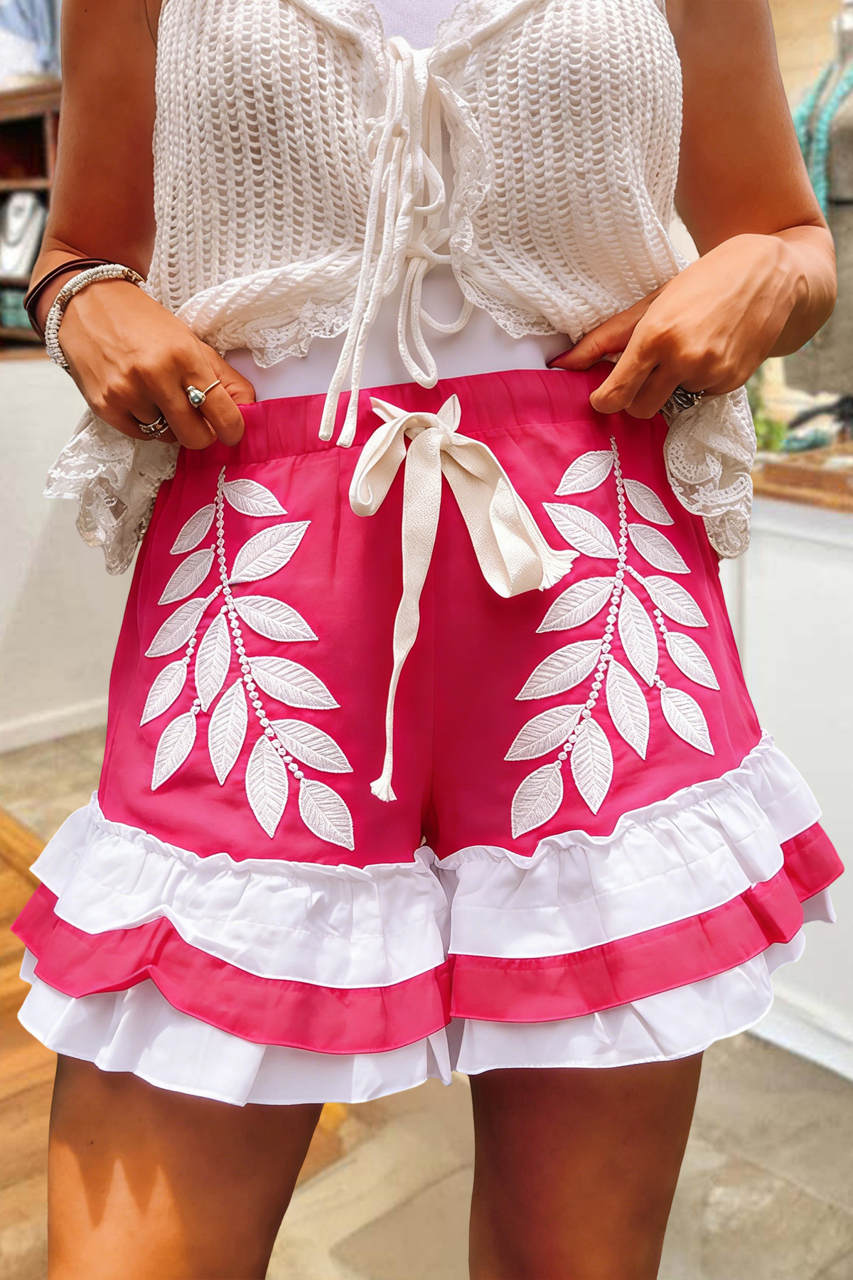 Leaf Print Multi-Layer Ruffle Shorts