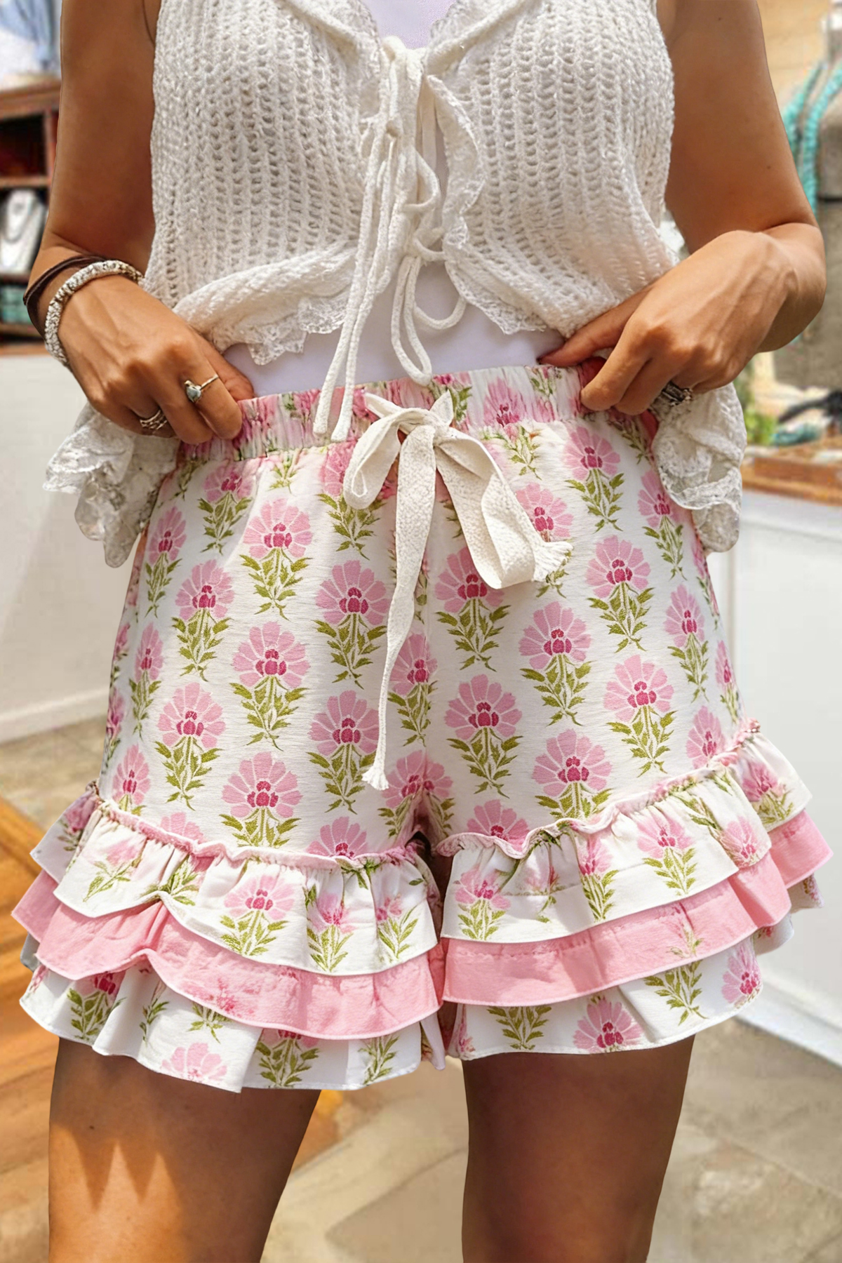 Fresh Floral Print Multi-Layer Ruffle Shorts