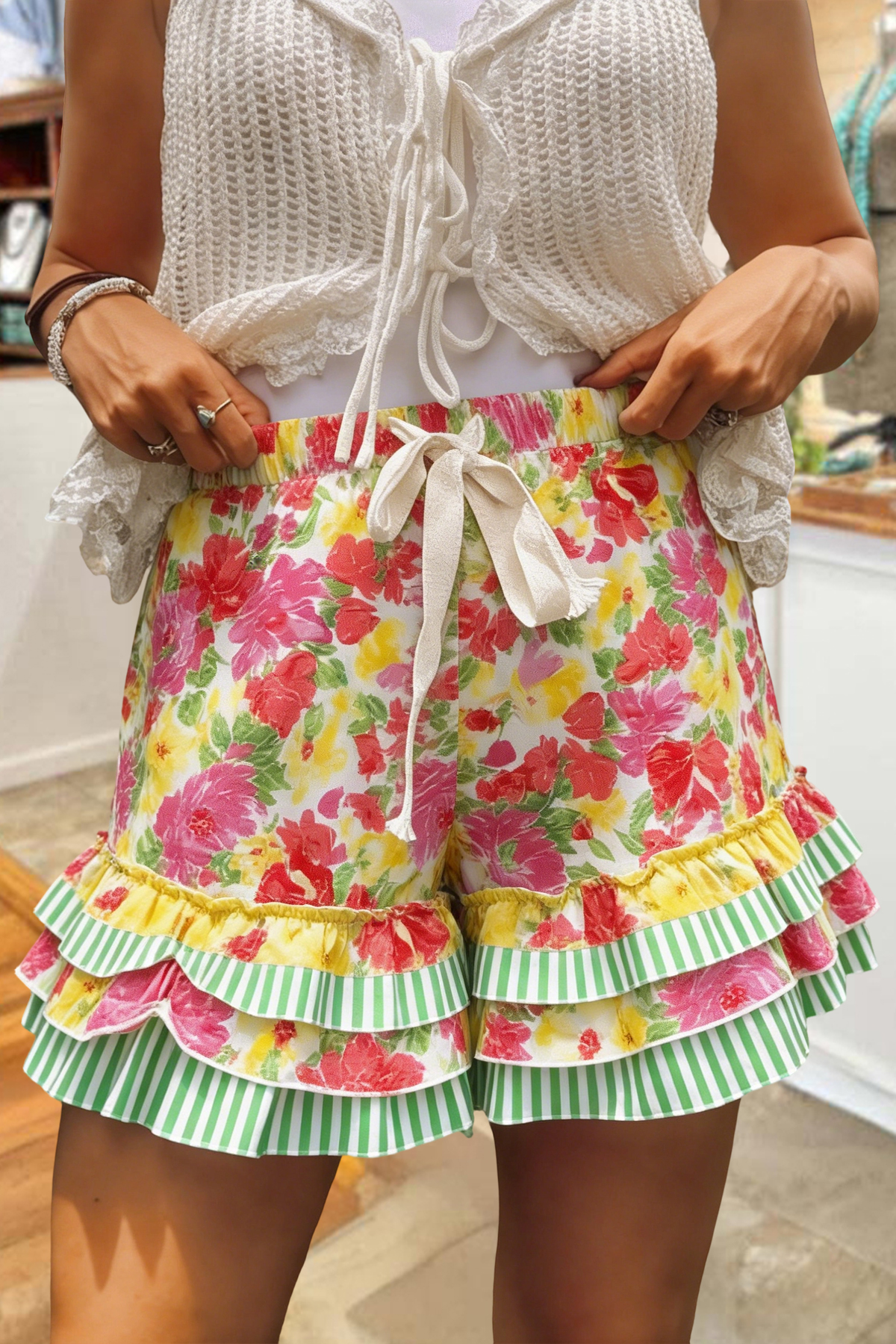 Floral Stripe Print Multi-Layer Ruffle Shorts