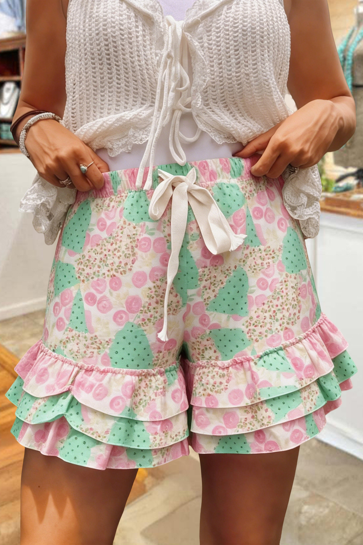 Fresh Floral Stripe Print Multi-Layer Ruffle Shorts