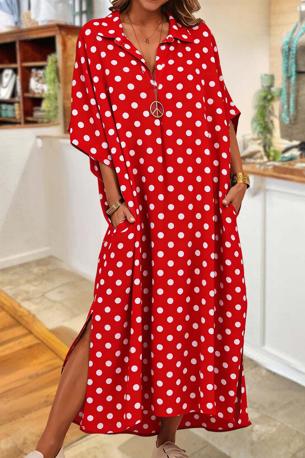 Casual Polka Dot Slit Maxi Dress