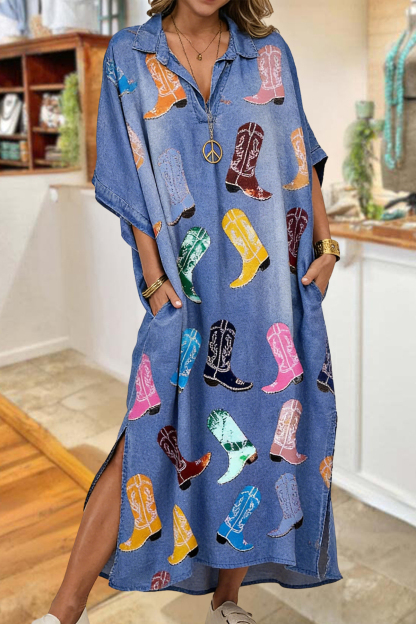 Western Boot Print Slit Maxi Dress