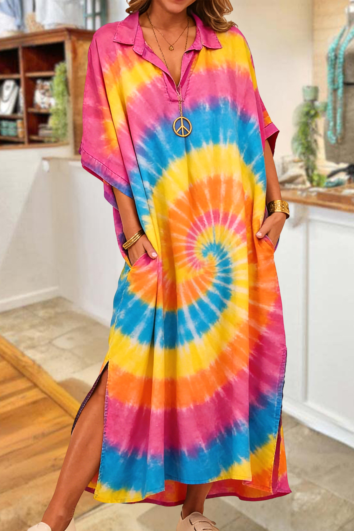 Casual Tie-Dye Print Slit Maxi Dress