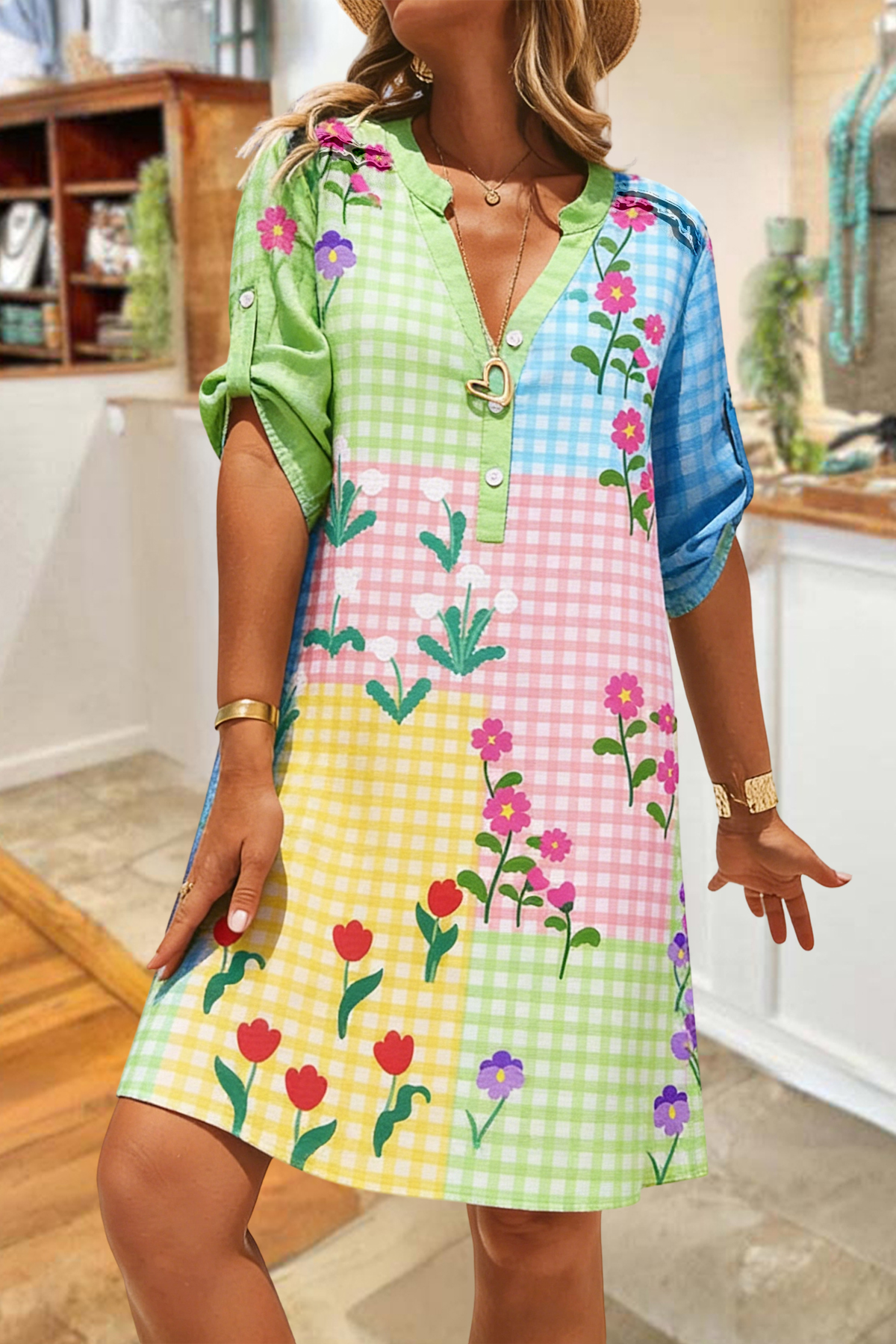 Cute Plaid Floral Print V-Neck Mini Dress