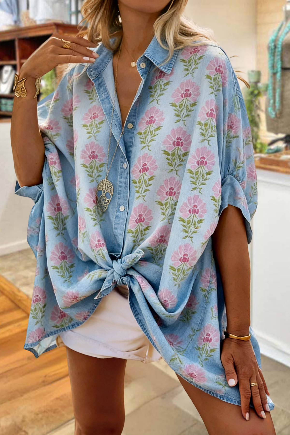 Floral Print Batwing Sleeve Loose Shirt