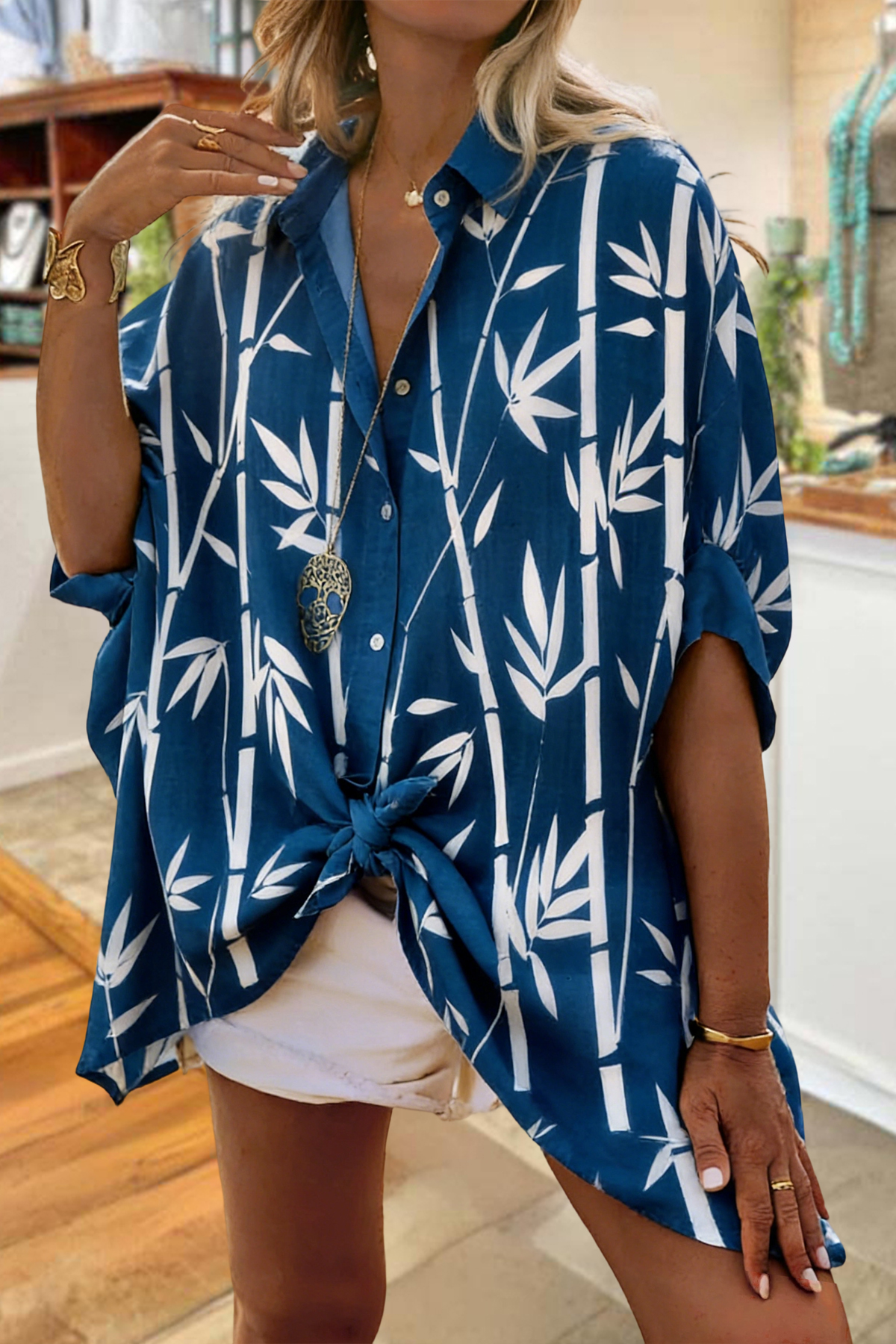 Classic Bamboo Print Batwing Sleeve Loose Shirt