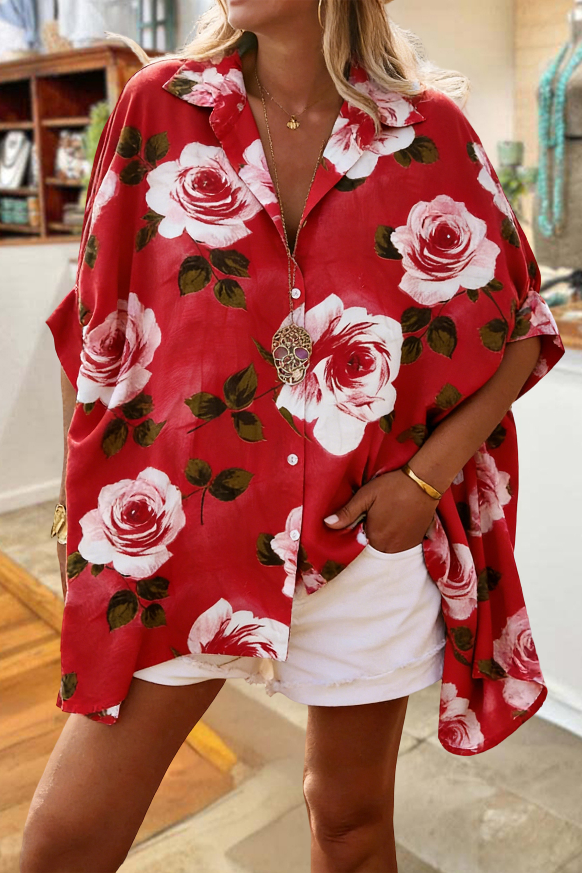 Vintage Floral Print Batwing Sleeve Loose Shirt