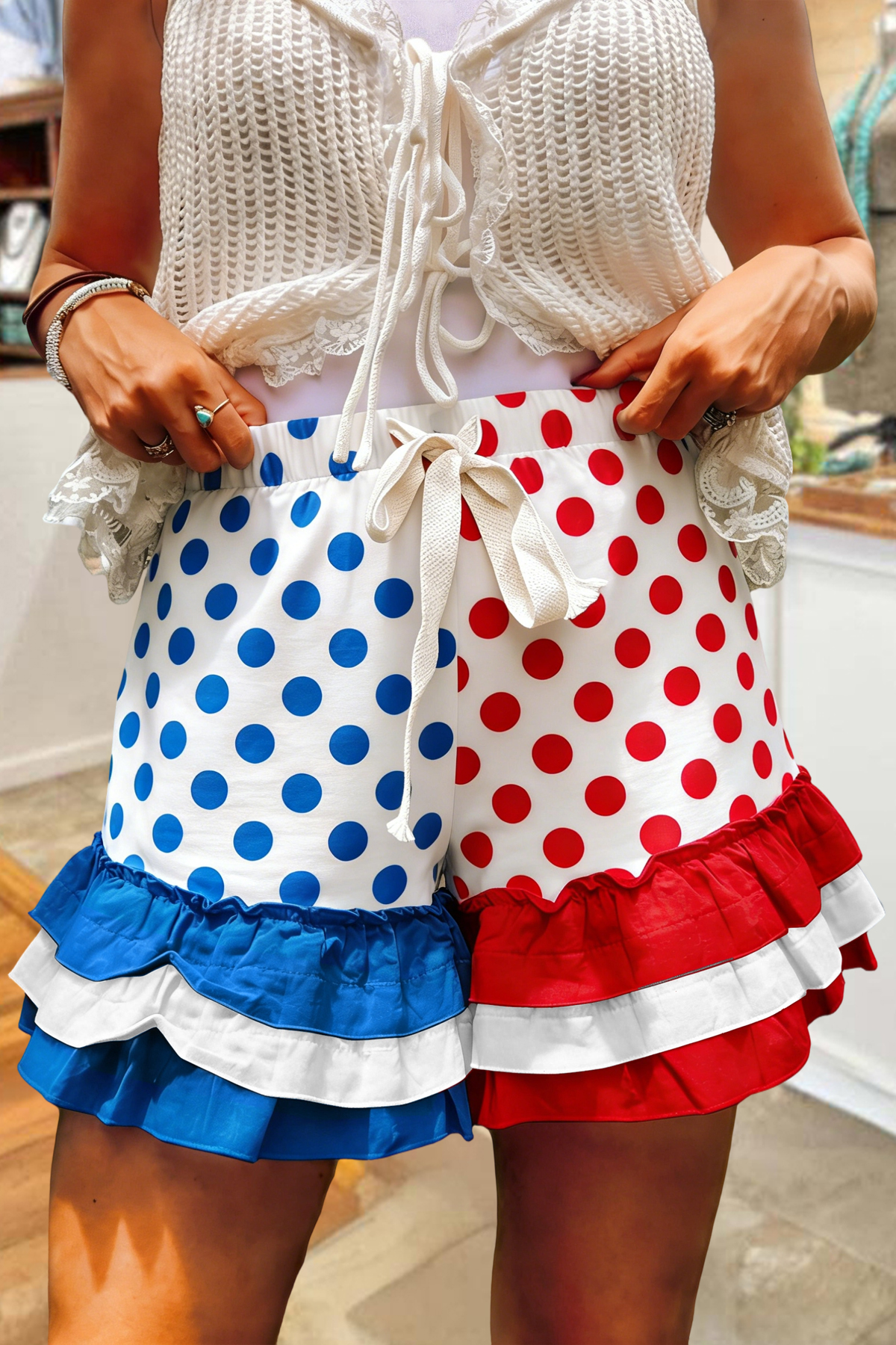 USA Polka Dot Color Block Multi-Layer Ruffle Shorts