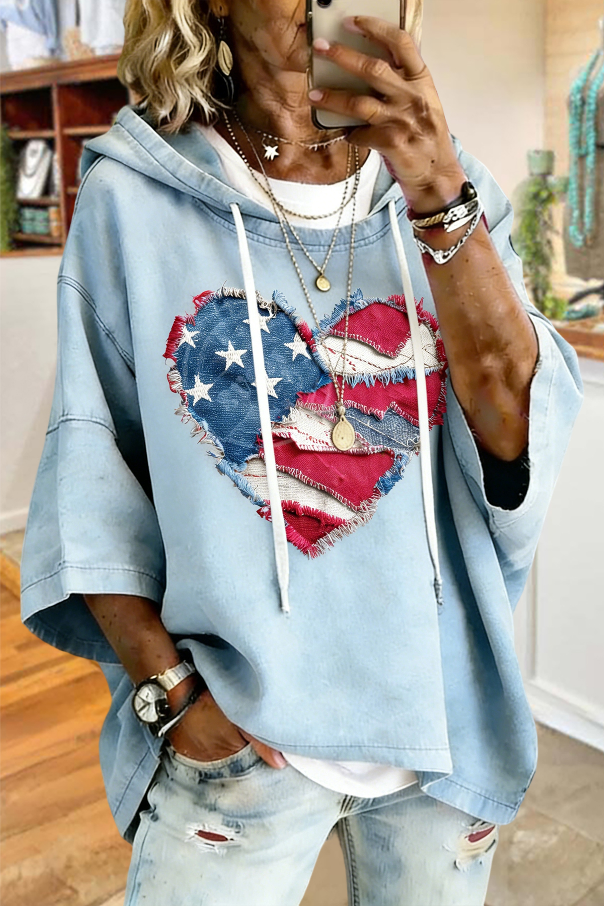 USA Star Stripes Heart Print Hoodie