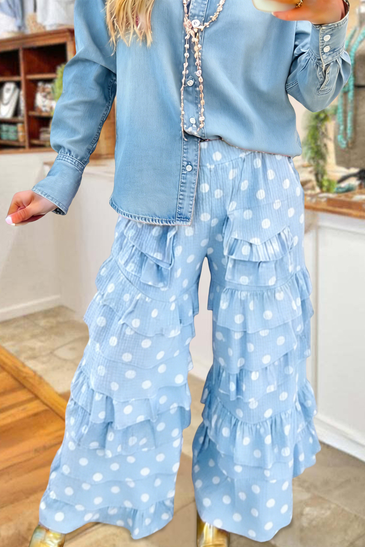 Sweet Polka Dot Print Ruffle Pants