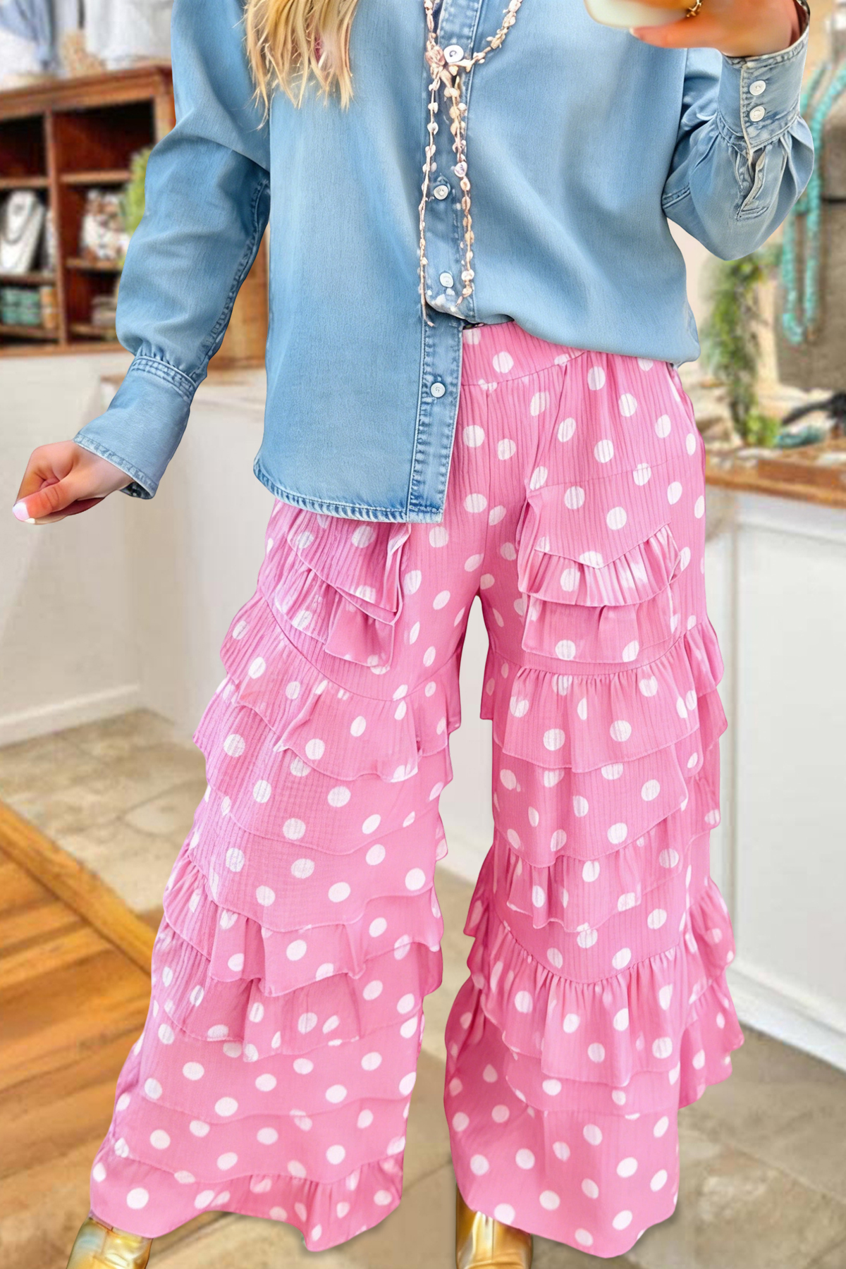 Sweet Polka Dot Print Ruffle Pants