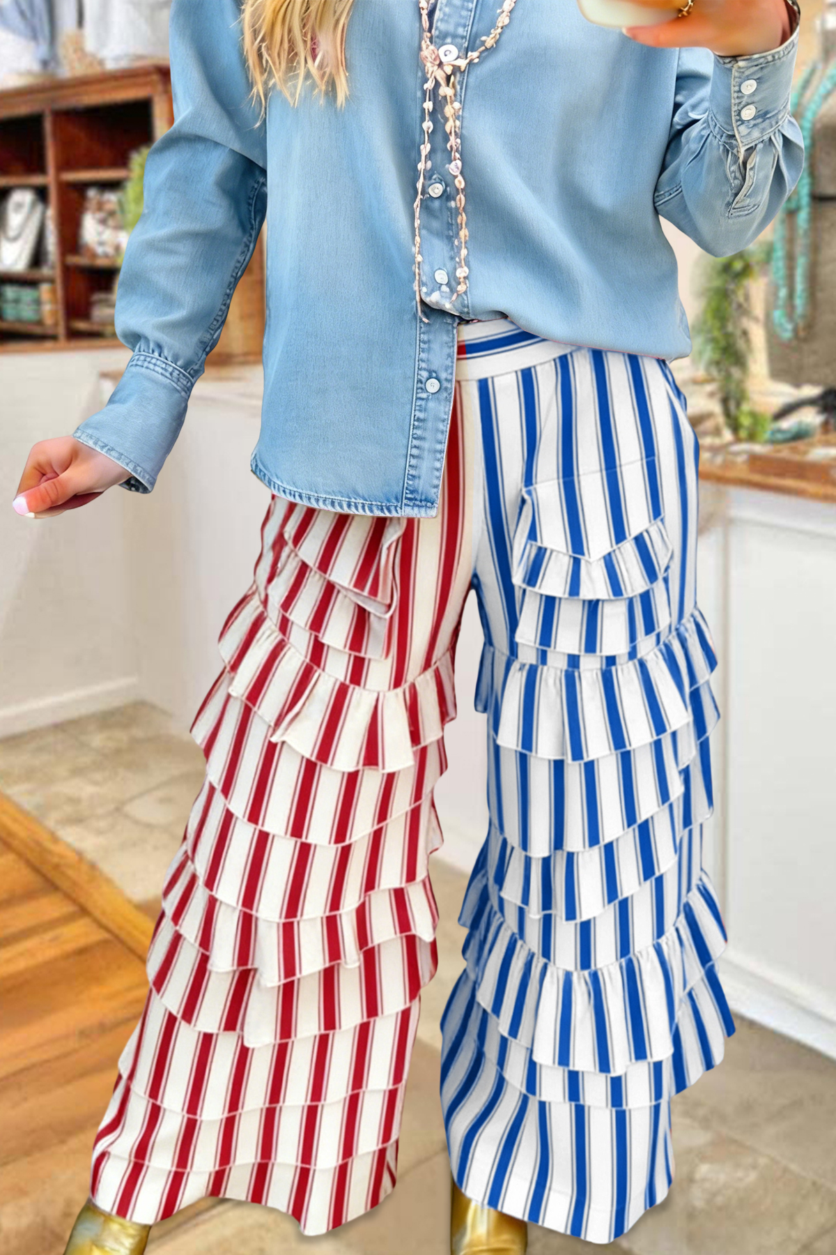 Classic USA Stripe Print Ruffle Pants