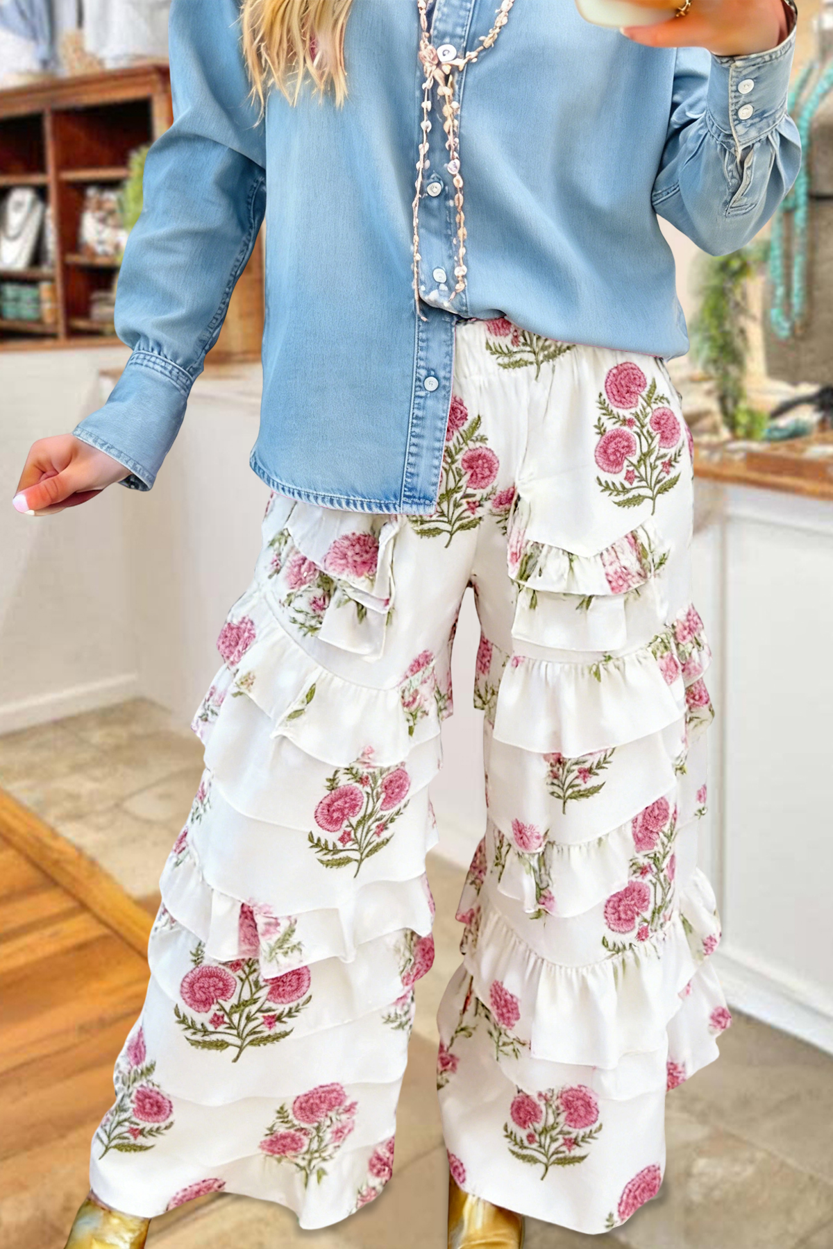 Floral Print Ruffle Pants